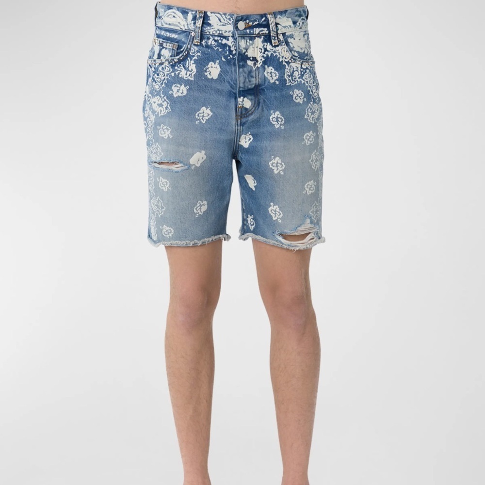 AMIRI Men’s Button Fly Bandana Bleach Painted Distressed Cut Off Denim Shorts 34